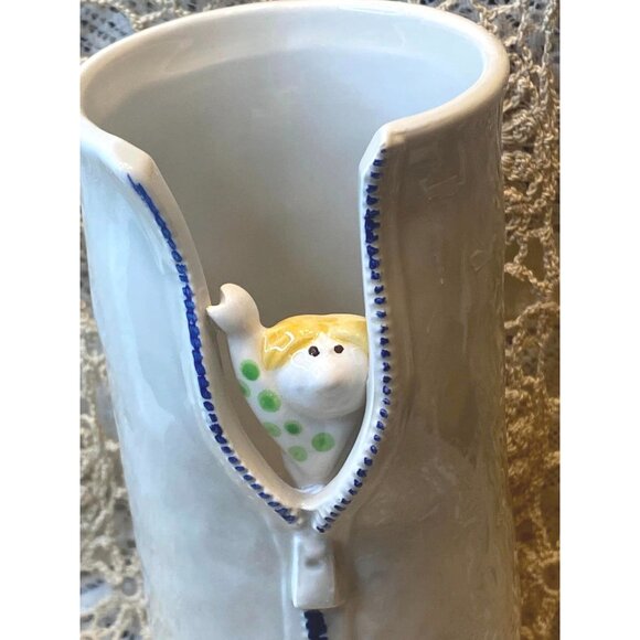 Fitz and Floyd Ceramic Vase With Peeking Figure & Zipper Detail 10” Tall Unique - Picture 2 of 5